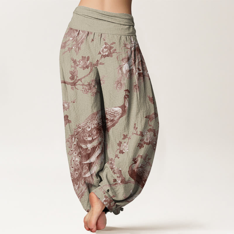 Casual Peacock Perched On Branch Petals Women's Elastic Waist Harem Pants