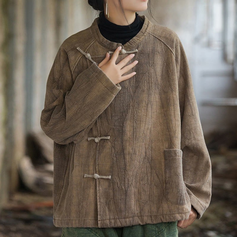 Solid Color Frog-button Thermal Long Sleeve Ramie Linen Women's Shirt