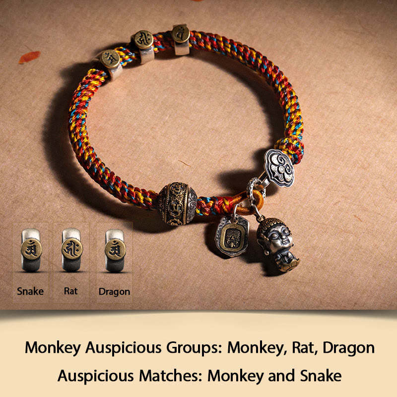 Handmade Tibetan 925 Sterling Silver Chinese Zodiac Natal mystic zen Zakiram Goddess of Wealth Protection Multicolored Rope Braided Bracelet