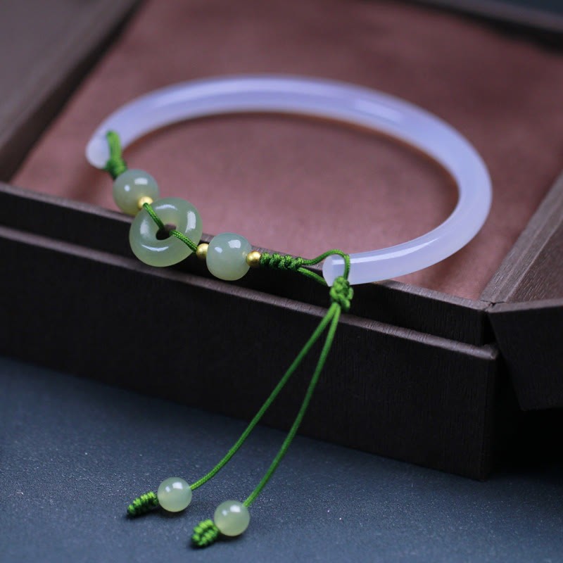 Natural White Agate Hetian Jade Beads Peace Buckle Positive Bracelet Bangle