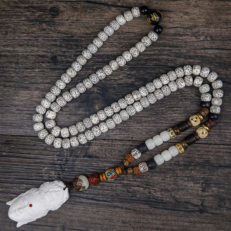 108 Mala Beads Bodhi Seed Yak Bone Avalokitesvara Lucky Pixiu Guan Gong mystic zen Demon Peace Tassel Bracelet