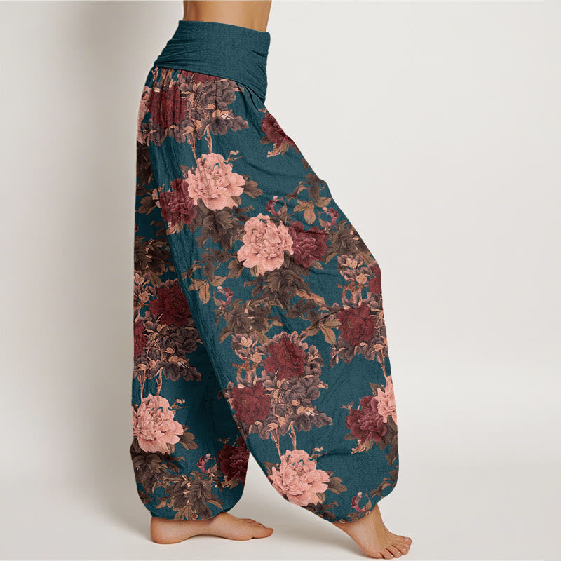 Casual Lush Peony Flowers Leaf Pattern Women's Elastic Waist Harem Pants