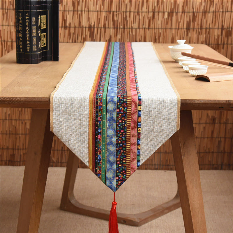 Classic Chinese Style Lotus Koi Fish Flower Crane Calligraphy Enlightenment Cotton Linen Tassels Table Runner