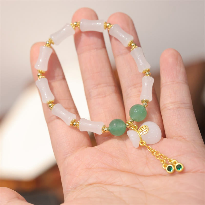 Natural White Golden Silk Jade Bamboo Pattern Wealth Lucky Bag Fu Character Bracelet