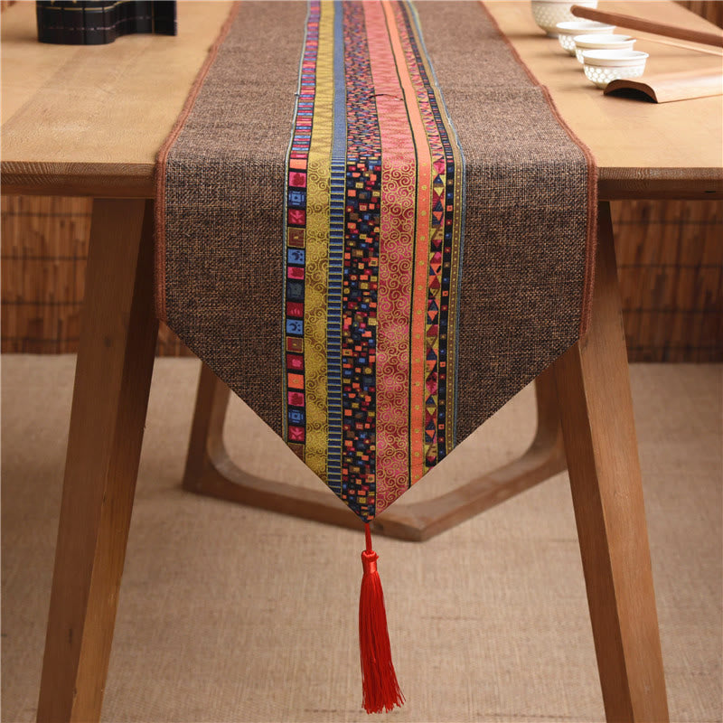 Classic Chinese Style Lotus Koi Fish Flower Crane Calligraphy Enlightenment Cotton Linen Tassels Table Runner