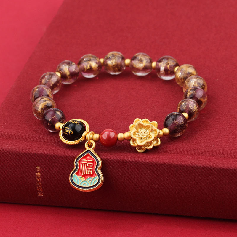 Tibet Om Mani Padme Hum Fu Character Gourd Charm Lotus Liuli Glass Bead Luck Bracelet