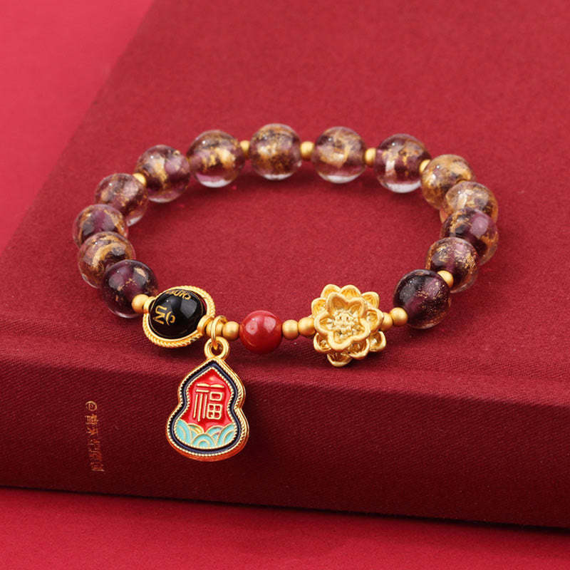 Tibet Om Mani Padme Hum Fu Character Gourd Charm Lotus Liuli Glass Bead Luck Bracelet