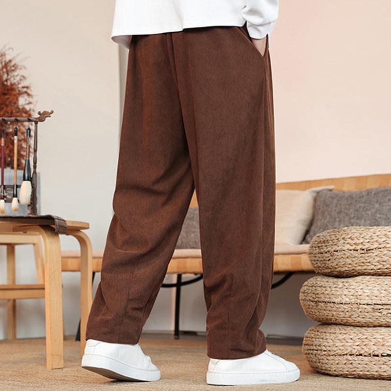 Fall Winter Men's Drawstring Corduroy Solid Pants With Pockets