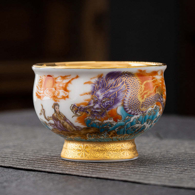 Golden Eagle Auspicious Dragon Sun Ocean Waves Gilt Ceramic Teacup Kung Fu Tea Cup