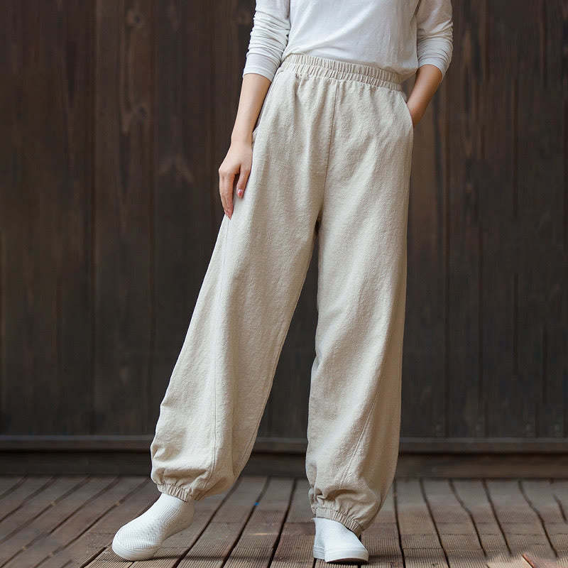 Casual Solid Plain Color Carrot Elastic Waistband Cotton Ramie Women's Pants With Pockets