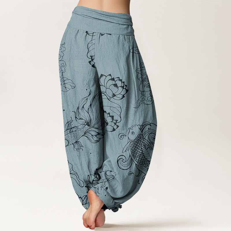 Koi Fish Auspicious Clouds Lotus Flowers Design Women's Elastic Waist Harem Pants
