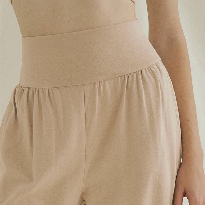Casual Loose Tie-down Hem Plain High Waist Women's Leica Pants With Pockets