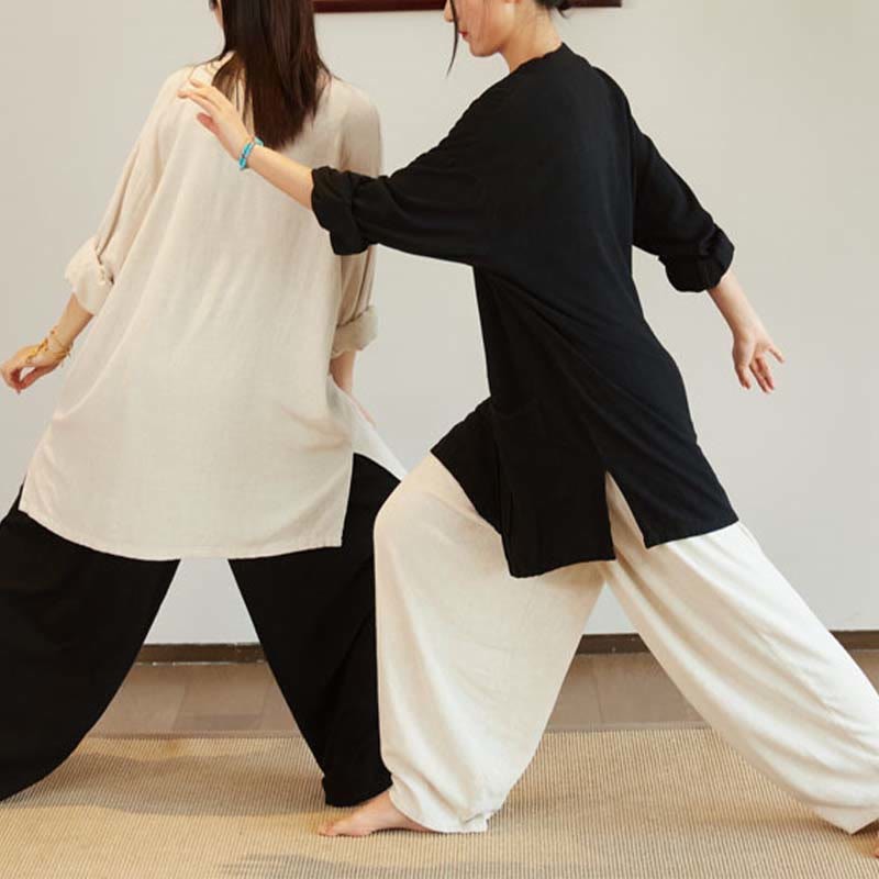 Plain Long Sleeve Coat Jacket Top Wide Leg Pants Zen Tai Chi Yoga Meditation Clothing
