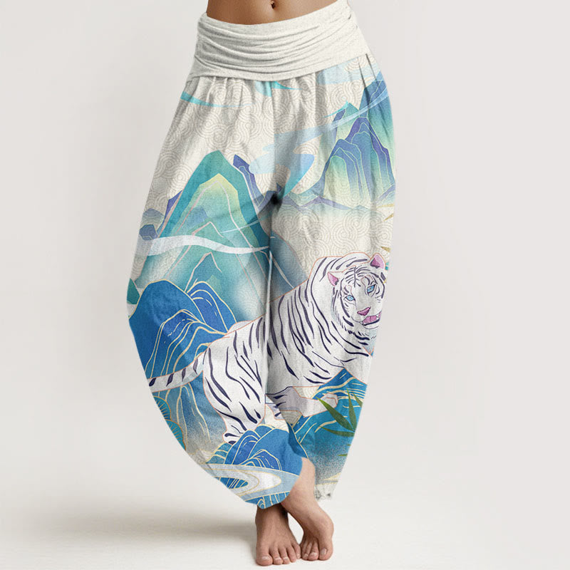 Casual White Tiger Mountain Waves Women's Elastic Waist Harem Pants