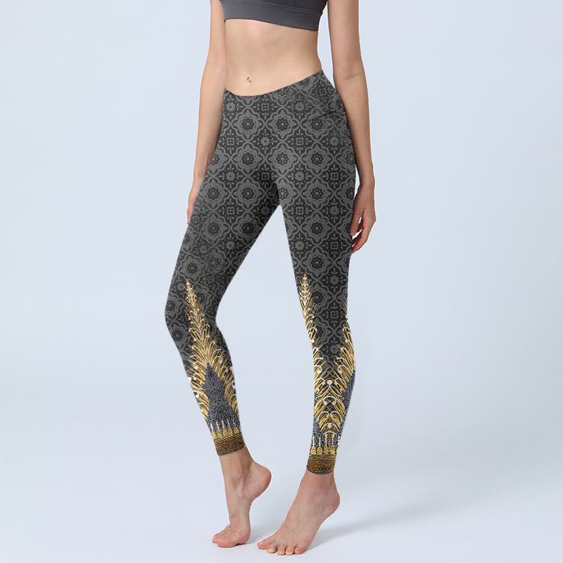 Dark Gray Geometric Gold Feather Print Gym Leggings Women's Yoga Pants