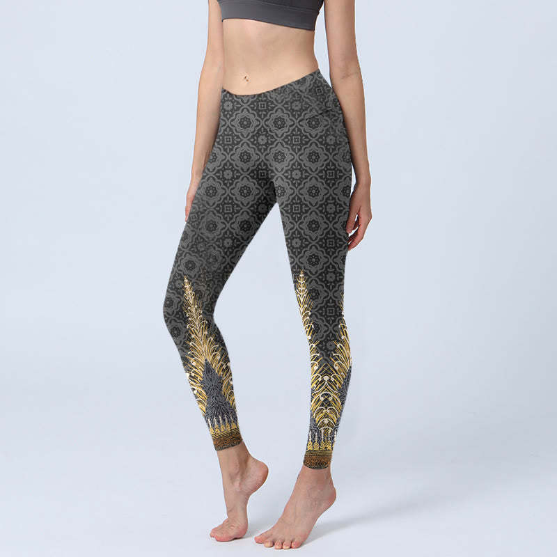 Dark Gray Geometric Gold Feather Print Gym Leggings Women's Yoga Pants