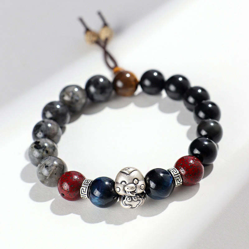 Black Glitter Stone Black Onyx 999 Sterling Silver Fu Character Copper Coin Year Of Snake Protection Bracelet