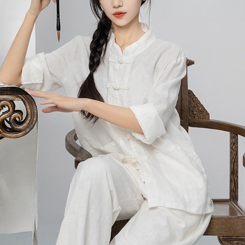 Solid Color Frog-button Long Sleeve Linen Women's Shirts With Pockets