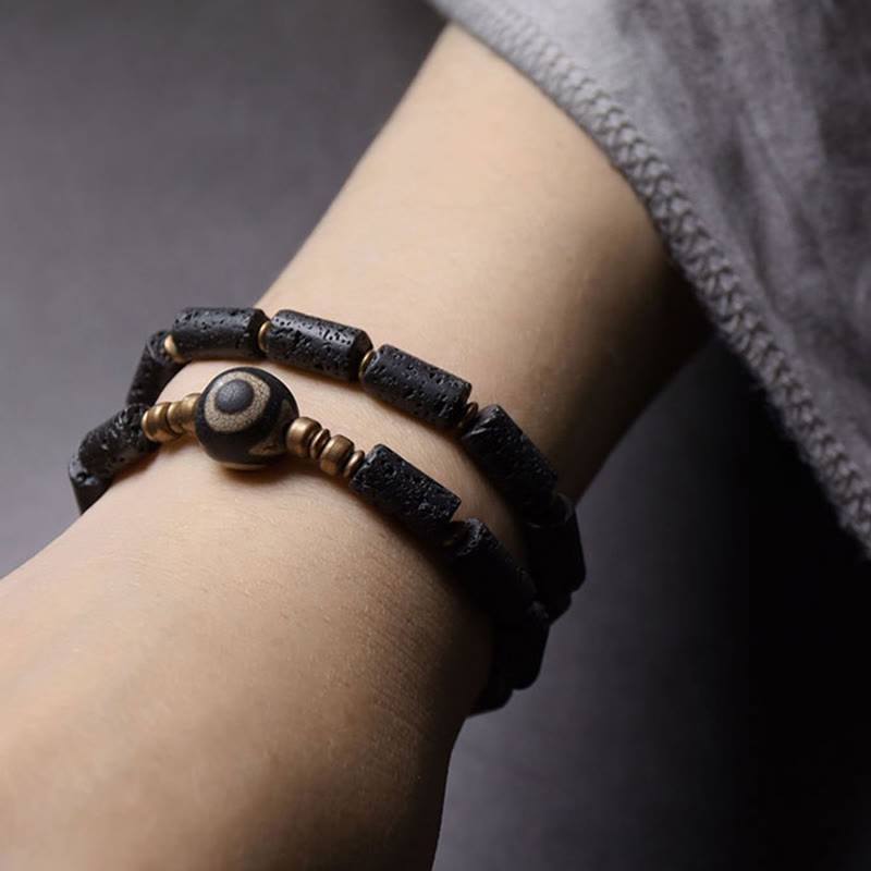 Vintage Lava Rock Three-eyed Dzi Bead Copper Brass Multi-turn Wrap Calm Bracelet