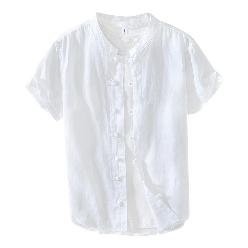 Daily Frog-Button Stand Collar Short Sleeve Linen Men's Shirt