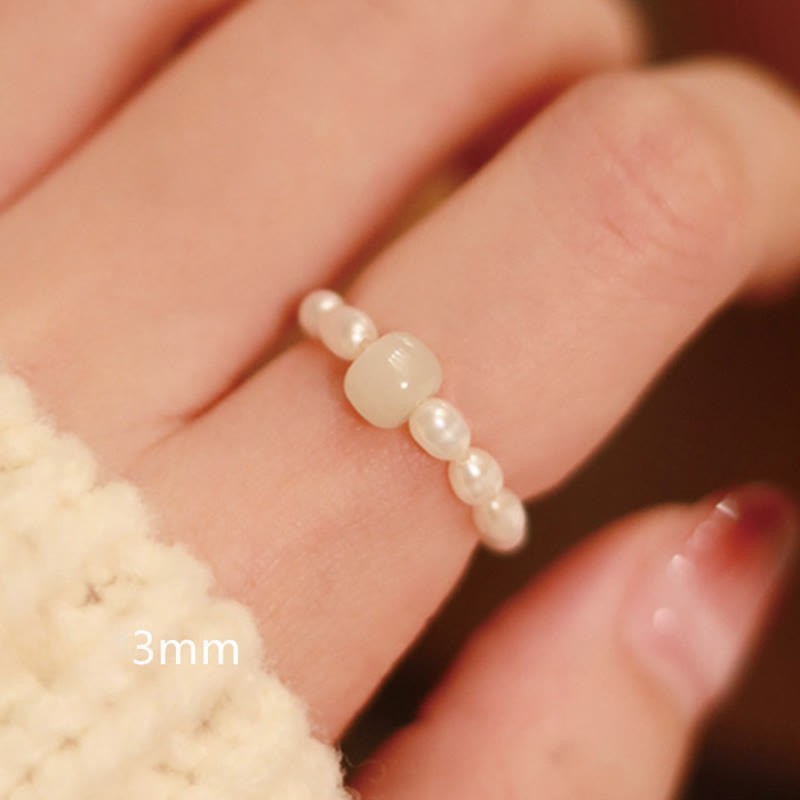925 Sterling Silver Natural Small Hetian Jade Red Agate Pearl Bead Prosperity Elastic Ring