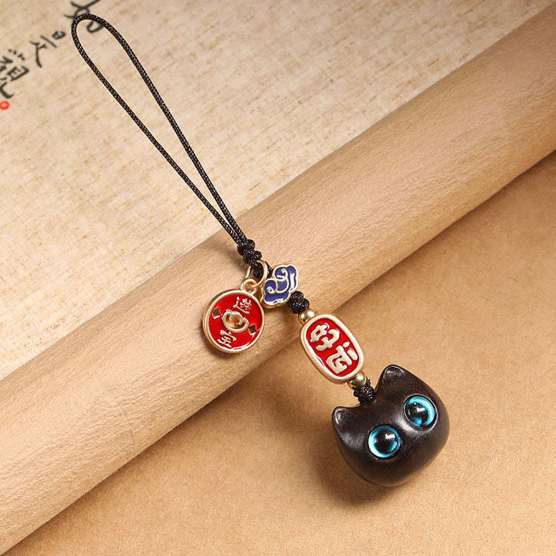 Ebony Wood Lucky Cat Auspicious Cloud Peace Key Chain Phone Hanging Decoration