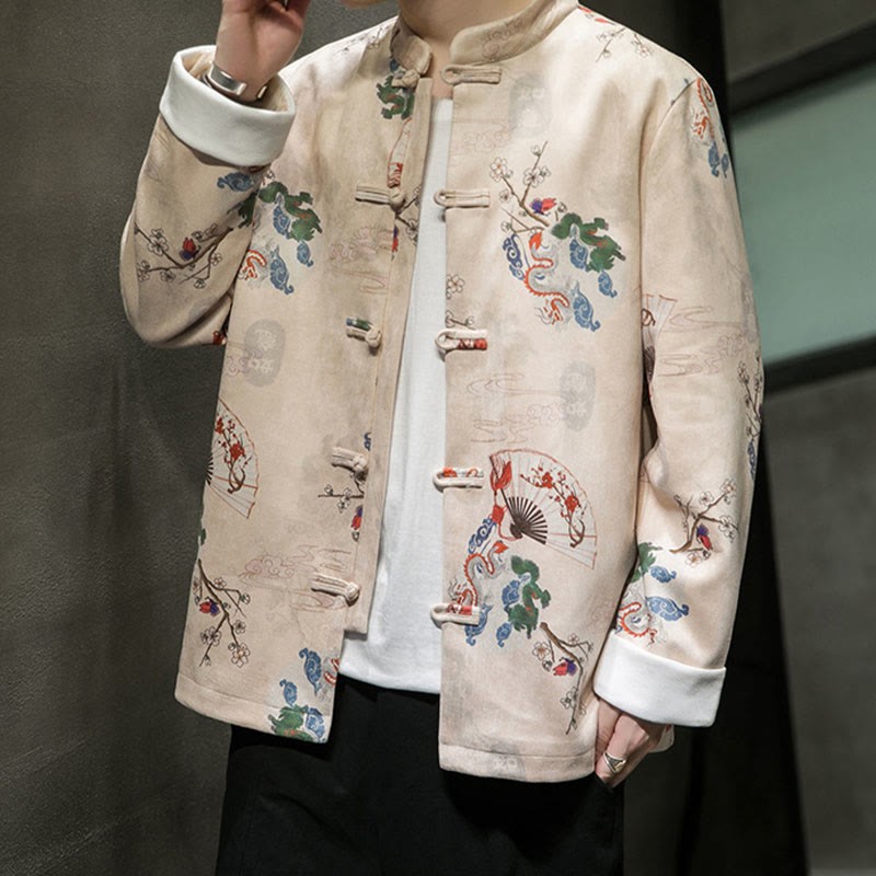 Chinese New Year Clothes Flowers Dragon Fan Auspicious Clouds Frog-button Tang Suit Cotton Men's Jacket Shirt