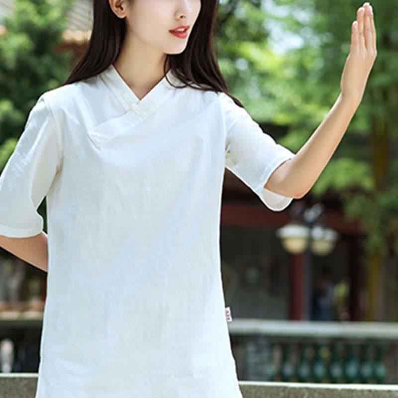 2Pcs Half Sleeve V-Neck Shirt Top Pants Meditation Zen Tai Chi Linen Clothing Women's Set