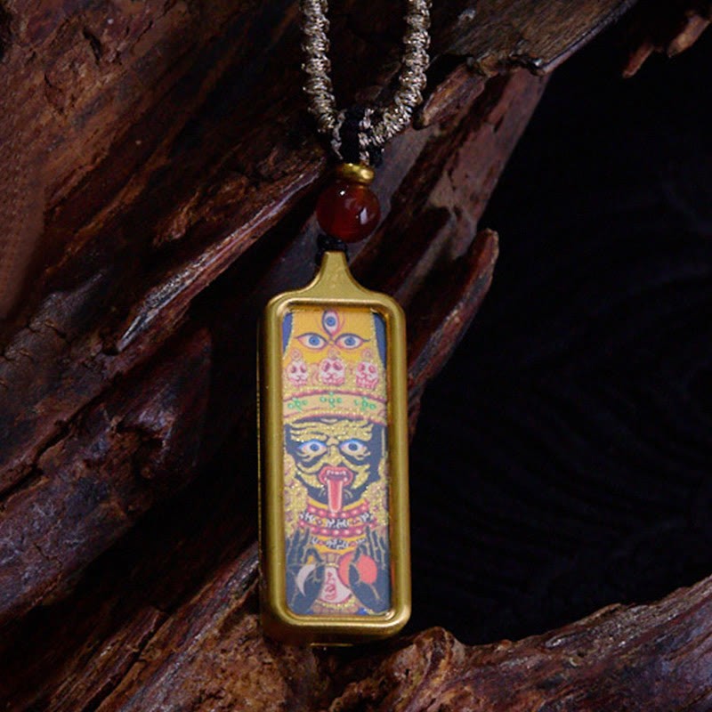 Tibet Zakiram Yellow God of Wealth Nine-Tailed Fox Hand-Painted Thangka Calm Necklace Pendant