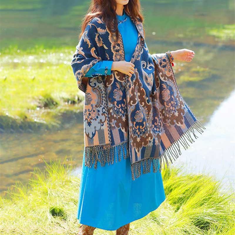 Tibetan Flowers Leaves Branch Design Tassel Shawl Cozy Travel Scarf Wrap
