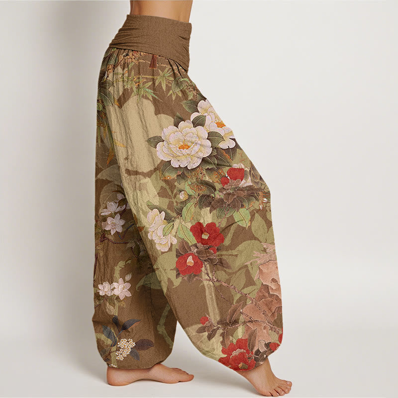Casual Peony Flowers Leaves Magpie Women's Elastic Waist Harem Pants
