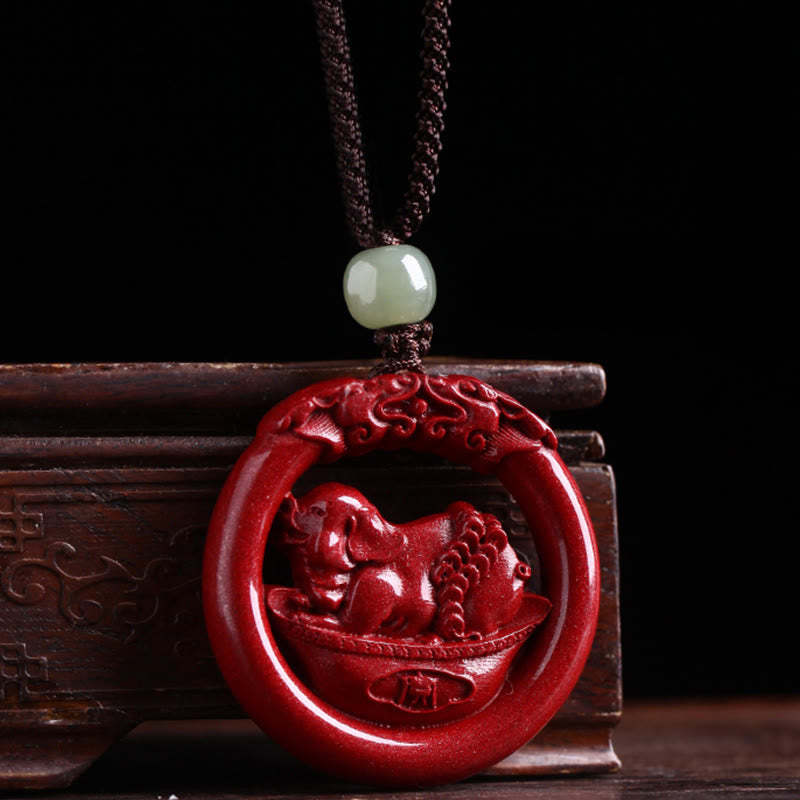 Chinese Zodiac Cinnabar Hetian Jade Peace Buckle Calm Necklace Pendant