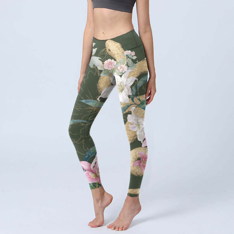 Green Golden Snake Lily Peony Flowers Print Gym Leggings Women's Yoga Pants