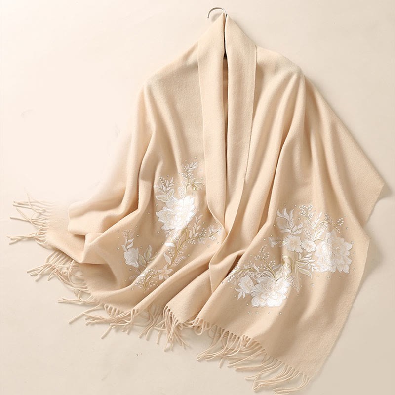 Wool Shawl White Flower Embroidery Tassel Winter Cozy Travel Scarf Wrap
