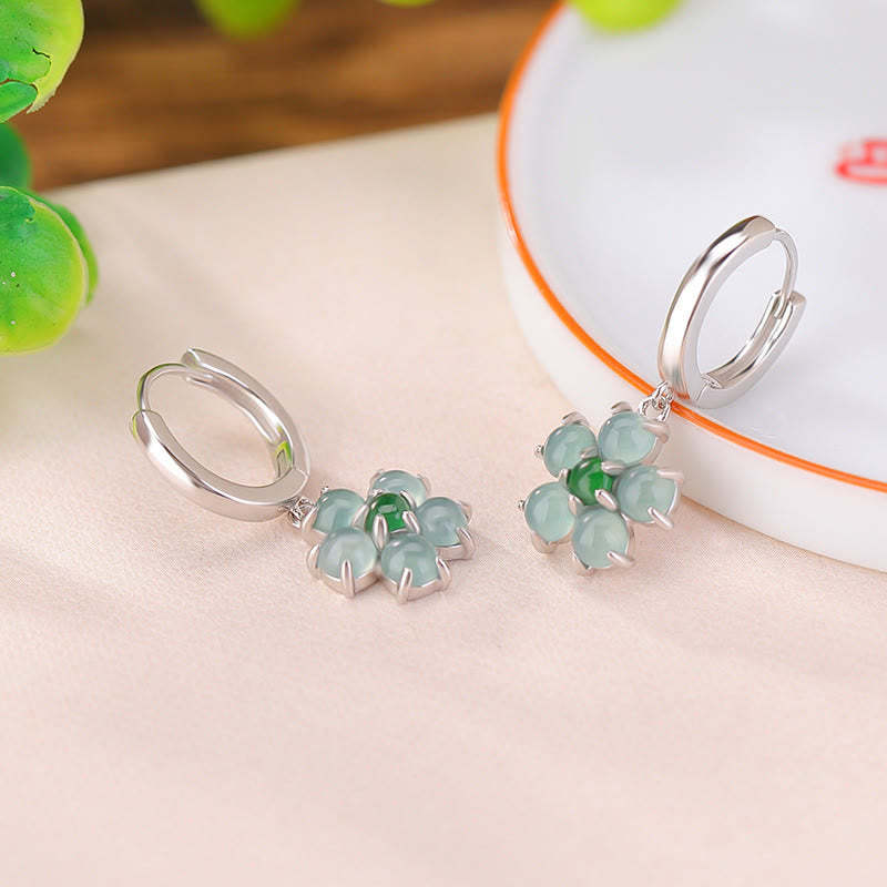 925 Sterling Silver Plated Gold Green Jade Flower Design Luck Prosperity Earrings