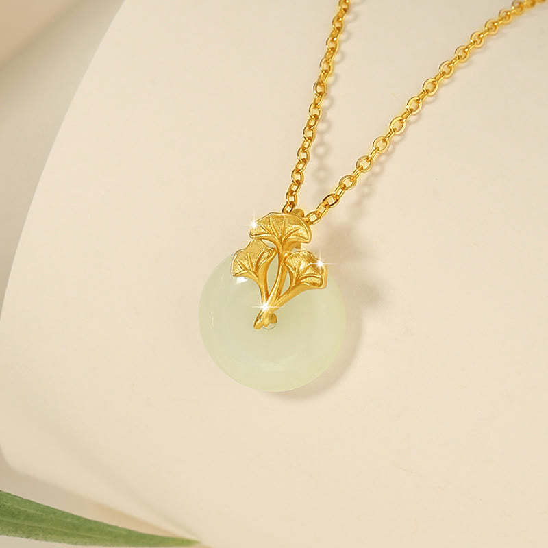 925 Sterling Silver Hetian Jade Ginkgo Leaves Prosperity Necklace Pendant