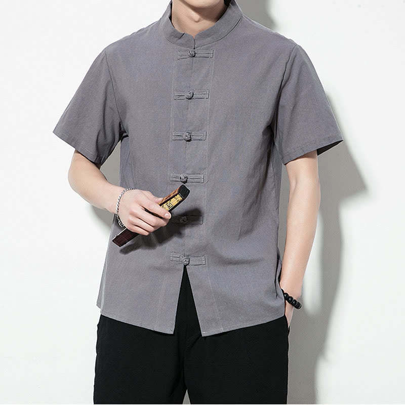 Casual Solid Color Front Frog Buttons Chinese Tang Suit Short Sleeve Linen Men's Shirt
