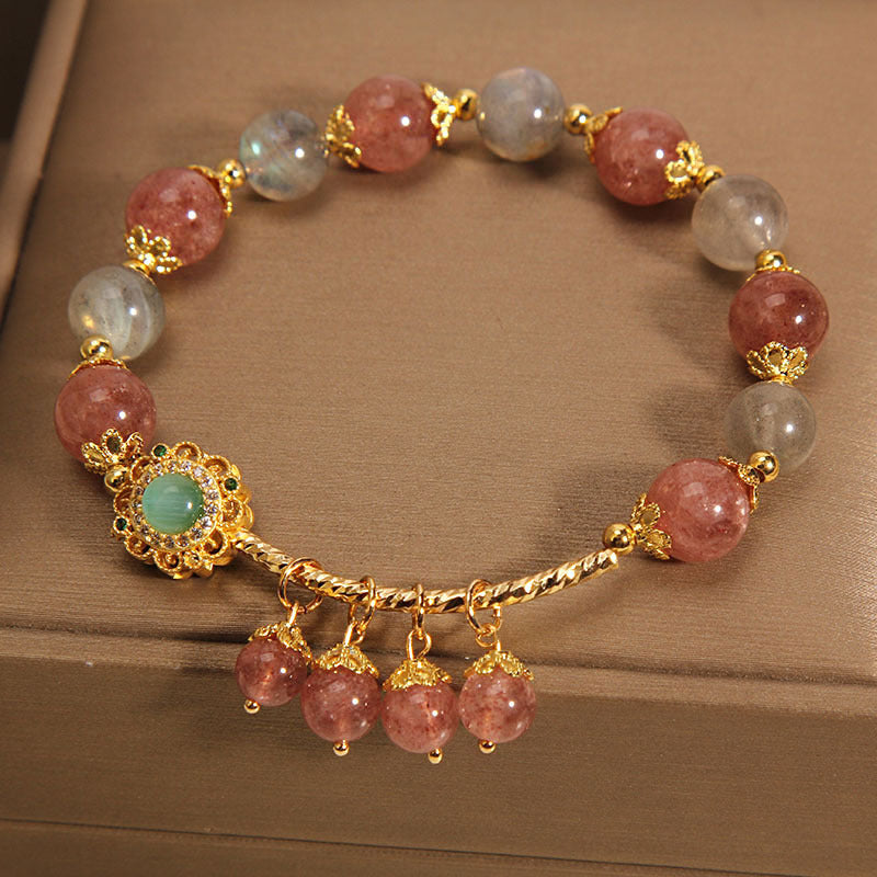 Strawberry Quartz Moonstone Healing Tassel Charm Bracelet