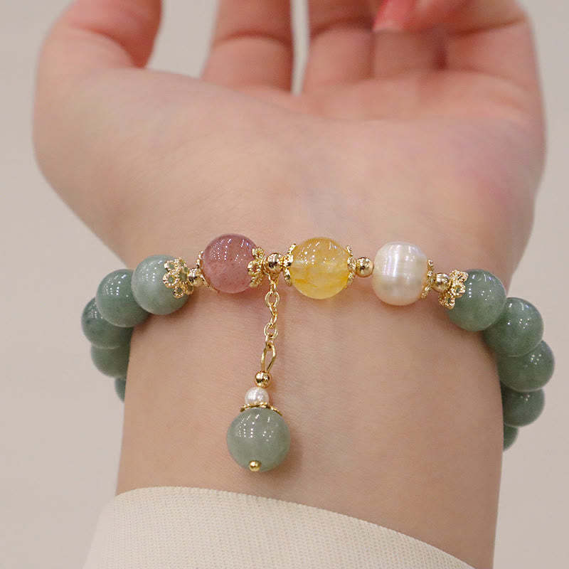 Jade Pearl Strawberry Quartz Abundance Luck Bead Charm Bracelet