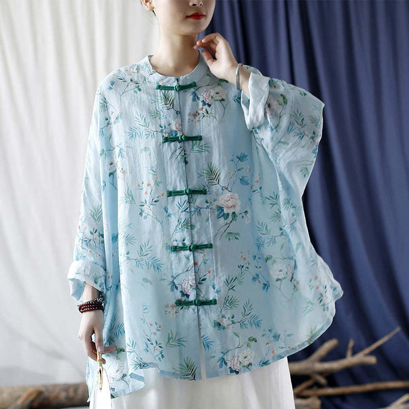 Light Green Pink Flowers Green Leaves Frog-Button Long Sleeve Ramie Linen Jacket Shirt
