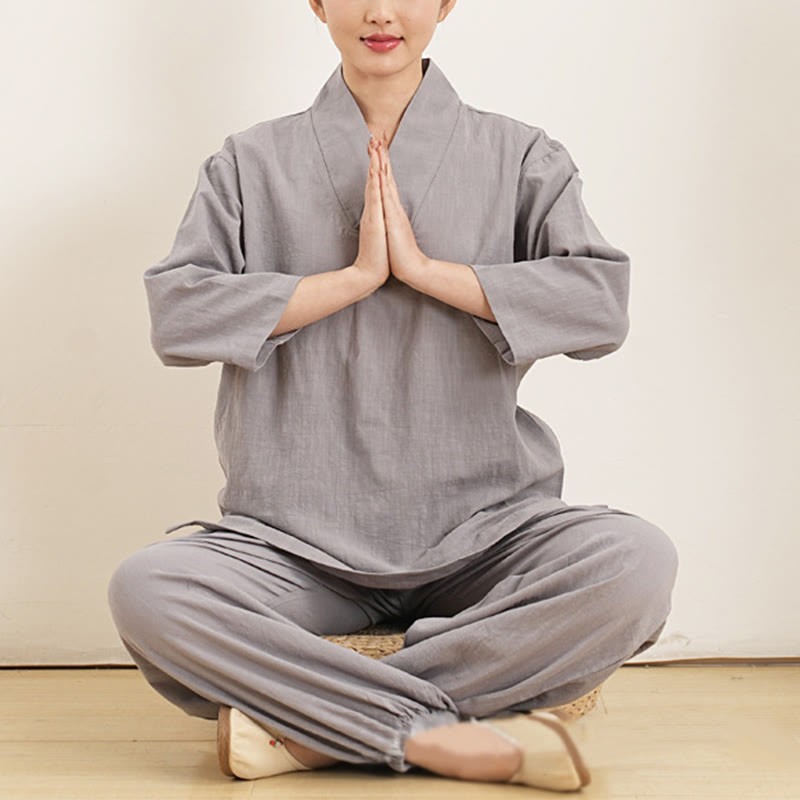 2Pcs V-Neck Three Quarter Sleeve Shirt Top Pants Meditation Zen Tai Chi Cotton Linen Clothing Women's Set