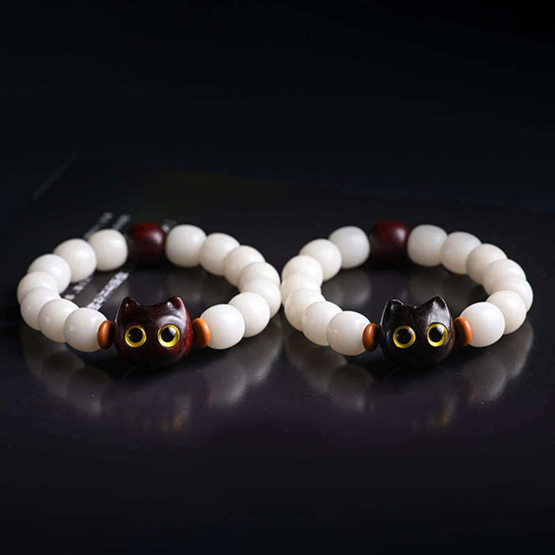 Natural Bodhi Seed Small Leaf Red Sandalwood Ebony Wood Cute Lucky Cat Wisdom Bracelet