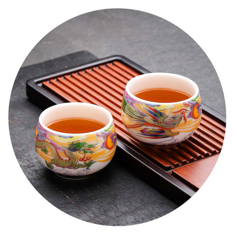 Dragon Phoenix Auspicious Clouds Sun Ocean Waves Ceramic Teacup Kung Fu Tea Cup