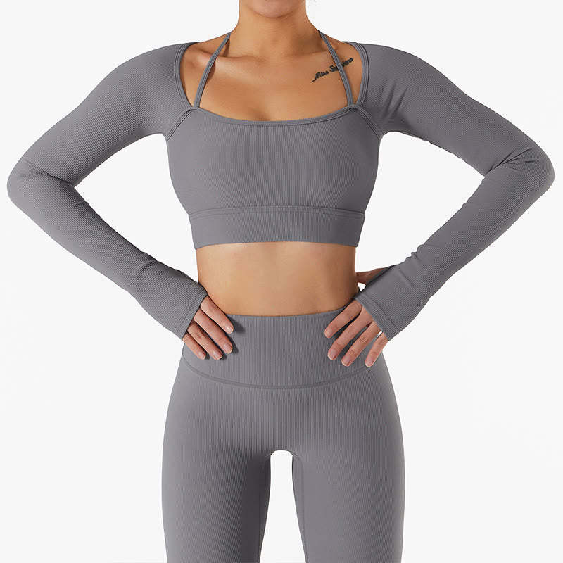 Ribbed Long Sleeve Crop Top T-shirt Shorts Sports Fitness Gym Yoga Outfits