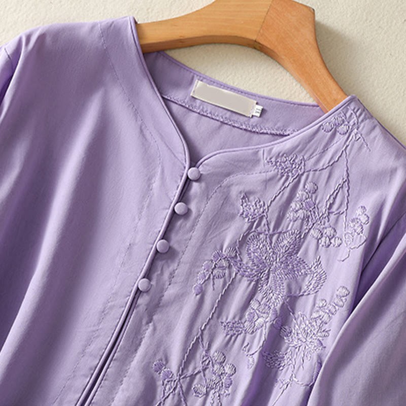 Summer Orchid Embroidery Lace-Up V-Neck Half Sleeve Cotton Linen Midi Dress With Pockets
