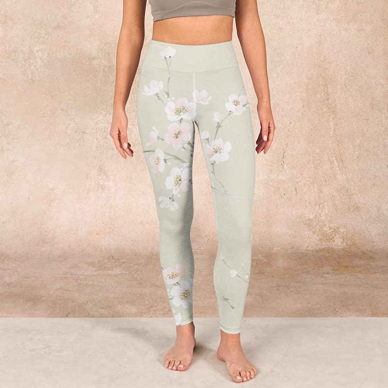 Beige Plum Blossoms Print Gym Leggings Women's Yoga Pants