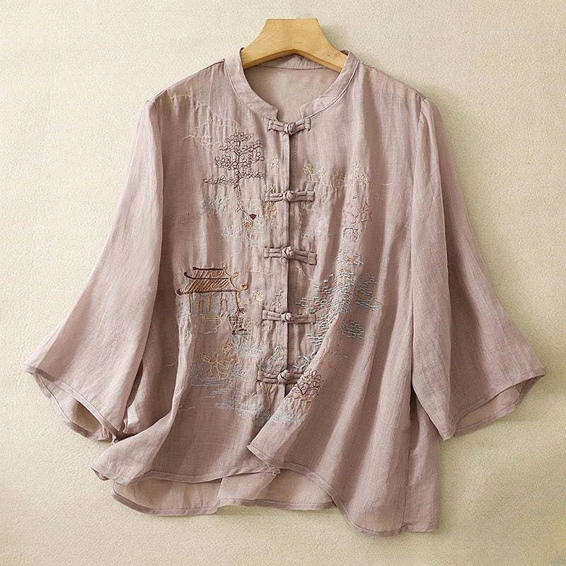 Casual Women's Frog-Button Embroidered Plant Crew Neck Design Three Quarter Sleeve Cotton Shirt
