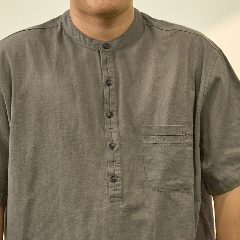 Men's Summer Solid Color Short Sleeve Half Button Cotton Linen Shirt