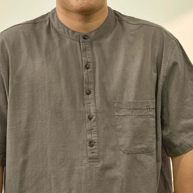 Men's Summer Solid Color Short Sleeve Half Button Cotton Linen Shirt