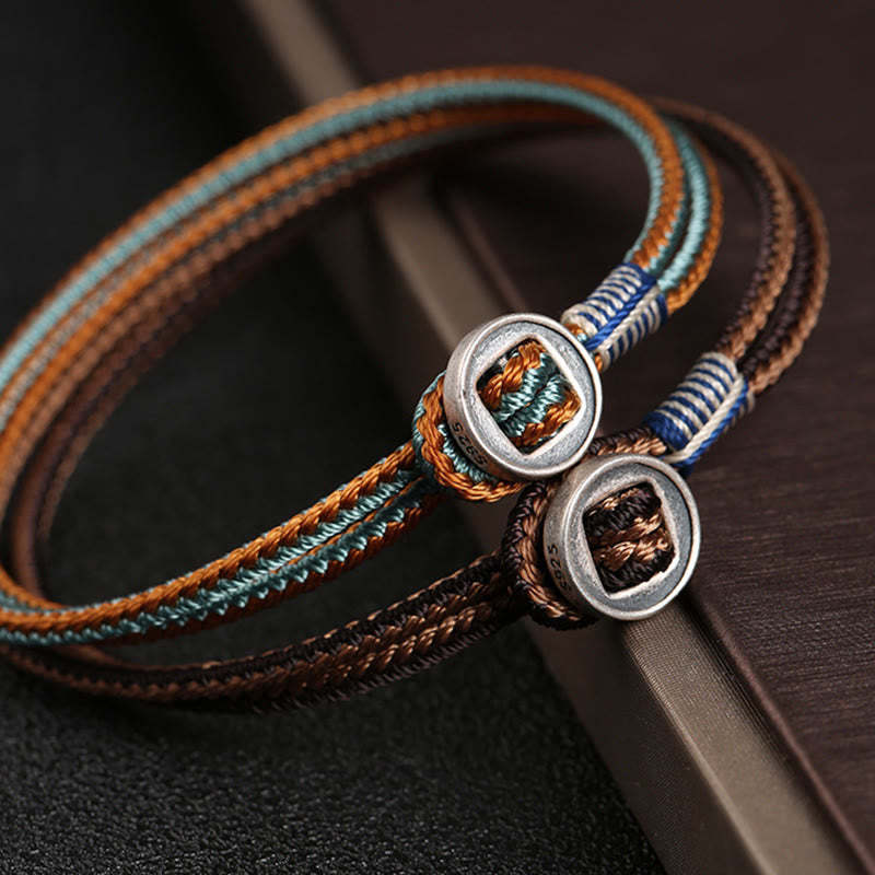 925 Sterling Silver Handmade Button Protection Weave String Bracelet